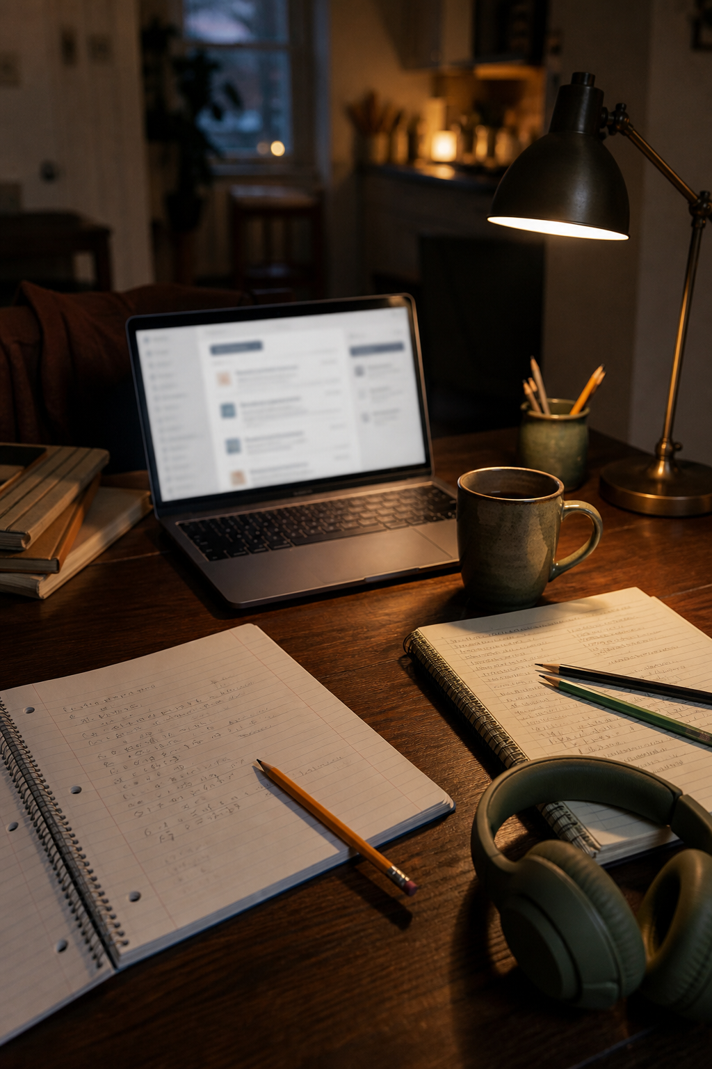 A warm family worktable with a laptop, homework notebook, lecture notes, headphones, pencils, and coffee