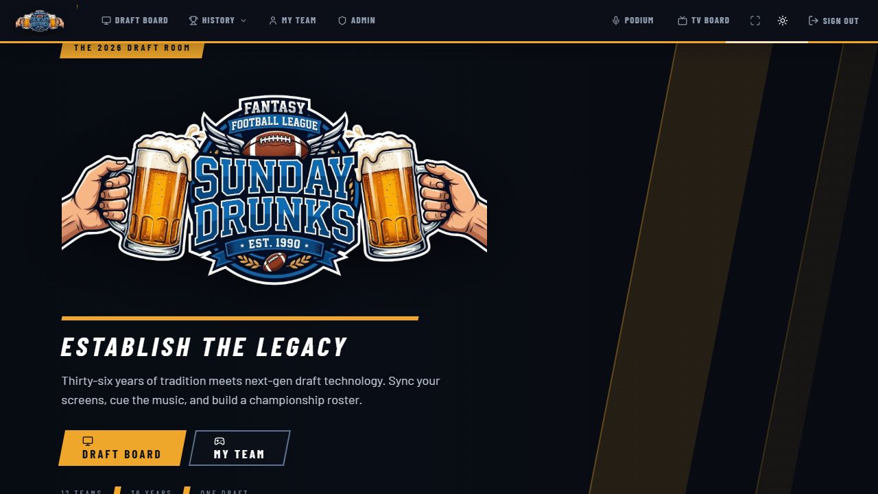 Sunday Drunks FFL — The league’s front door. Personal details removed.